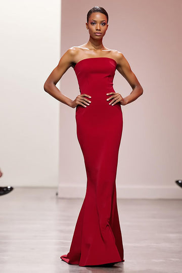 Simple Red Satin Strapless Mermaid Long Formal Dress